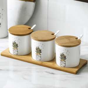 3 Pots Épices Céramique Cactus Support bois 1