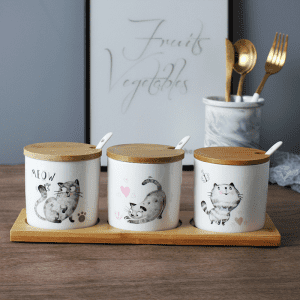 3 Pots Épices Céramique Chats Support bois 1