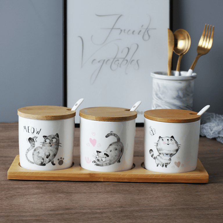 Lot De 3 Pots à épices En Verre Avec Couvercle Bambou - 250 Ml, Avec Cuillères Et Plateau - Rangement Cuisine - 11