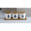 3 Pots Épices Céramique Feuilles Support bois 2