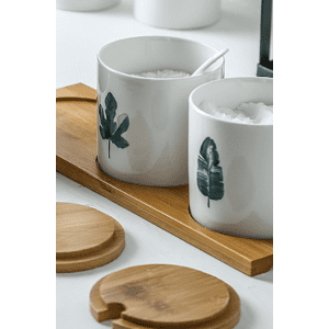 3 Pots Épices Céramique Feuilles Support bois ouvert
