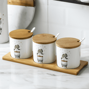 3 Pots Épices Céramique Plantes Support bois 1