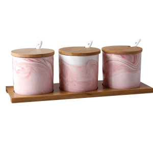 3 Pots Épices Céramique Roses Support bois