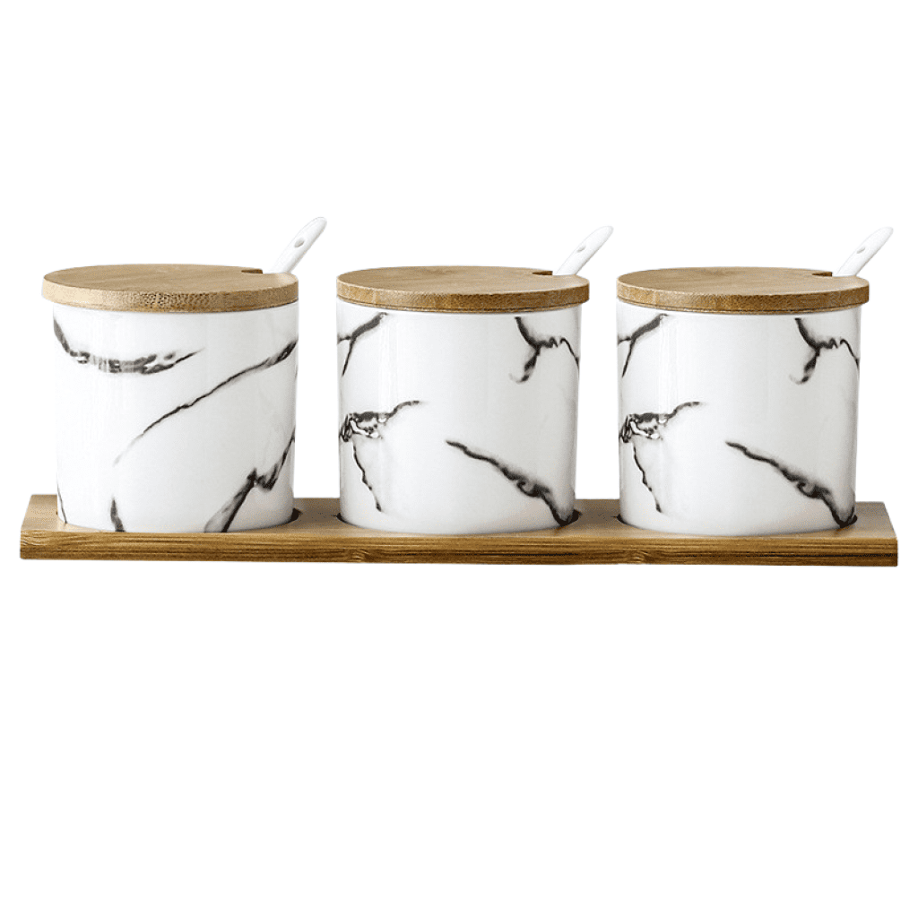 Lot De 3 Pots à Épices Céramique Avec Couvercle Bambou Et Cuillère - Organisation Cuisine