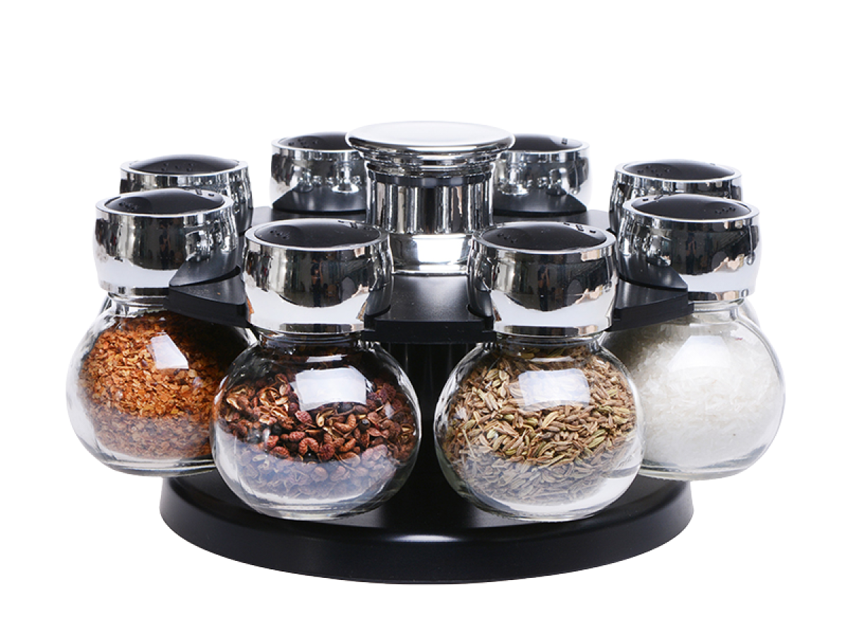 TINMIX Lot De 4 Pots à Épices Rotatifs 360° – Verre & Inox Avec Cuillère, Organisateur Cuisine Pratique