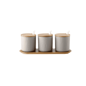 Lot De 2 Pots à Épices En Céramique Aspect Marbre Avec Cuillère - 360 Ml, Plateau En Bois - Noir