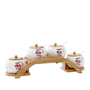 4 Pots Épices Blancs Céramique avec Étagère