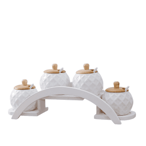 4 Pots Épices Céramique avec Étagère Blanche