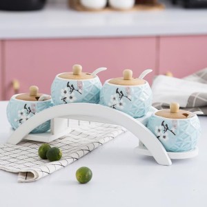 4 Pots Épices Bleus Céramique avec Étagère Blanche 1