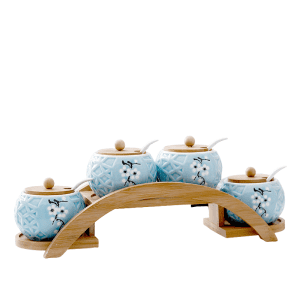 4 Pots Épices Bleus Céramique avec Étagère Marron