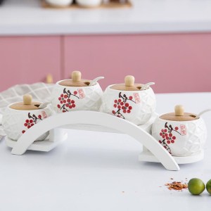 4 Pots Épices Fleurs Céramique avec Étagère Blanche 1
