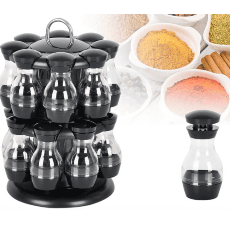 Tour à Épices Rotative 360° Avec 20 Pots - Acier Inoxydable, Rangement Cuisine Compact, Noir