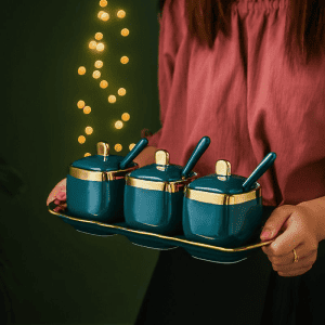 3 Pots Épices Bleu Doré Céramique Support 1