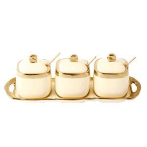 3 Pots à Épices Céramique Dorés Support beige