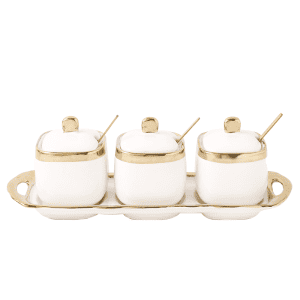 3 Pots à Épices Céramique Dorés Support Blanc