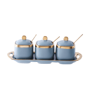3 Pots à Épices Céramique Dorés Support Bleu clair