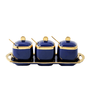 3 Pots à Épices Céramique Dorés Support Bleu foncé