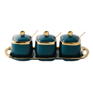 3 Pots à Épices Céramique Dorés Support Vert Foncé