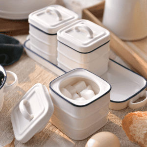 3 Pots Blancs Céramique Sucrier Support 1