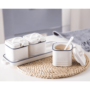 3 Pots Blancs Céramique Sucrier Support Trou 1