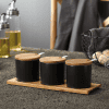 3 Pots Céramique avec Support Bois 28cm Noir 1