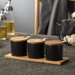 3 Pots Céramique avec Support Bois 28cm Noir 1