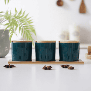 3 Pots Céramique avec Support Bois 28cm Bleu 1