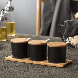 3 Pots Céramique avec Support Bois 28cm Noir Traits 1