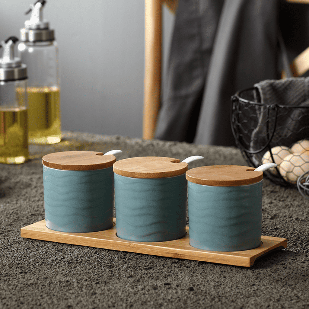 Lot 2 Boîtes à Épices Céramique Vert Menthe 9,5 Cm Avec Couvercle Bambou & Cuillère - Pot Sel Sucre Thé Décor Cuisine
