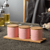 3 Pots Céramique avec Support Bois 28cm Rose 1