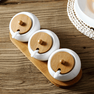 3 Pots Céramique Couvert Support Bois 1