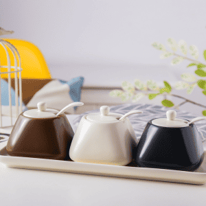 3 Pots Épices Céramique Plateau Marron Blanc Noir 1
