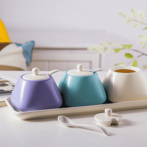 3 Pots Épices Céramique Plateau Violet Cyan Blanc 1